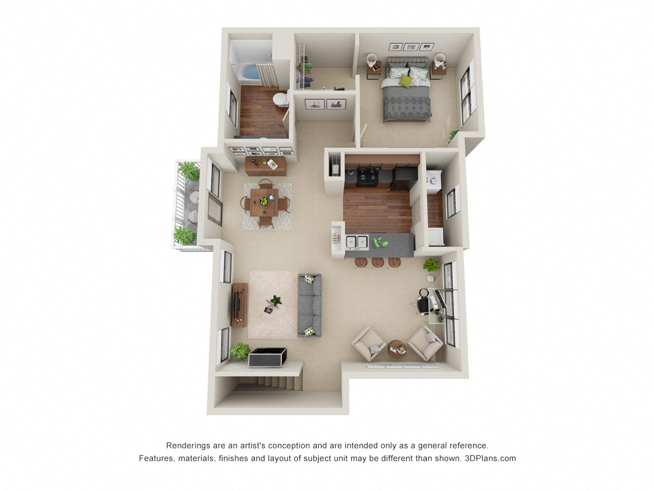 Floor plan for 1 bed, 1 bath, 975 sqft
